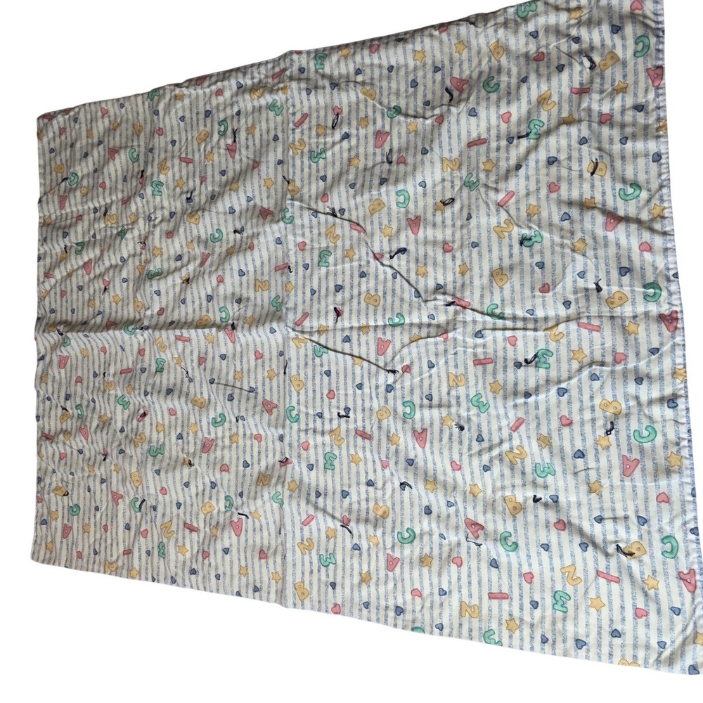 Vintage ABC 123 Baby Blanket Blue Stripe Yellow Reverse Hearts Stars 42x34 W1